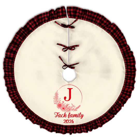 Personalized Name Christmas Tree Skirt with Lace | Linen Print Holiday Decor