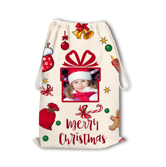 Personalized Christmas Santa Gift Bag – Custom Photo Drawstring Sack | Large Capacity | Eco-Friendly Printing