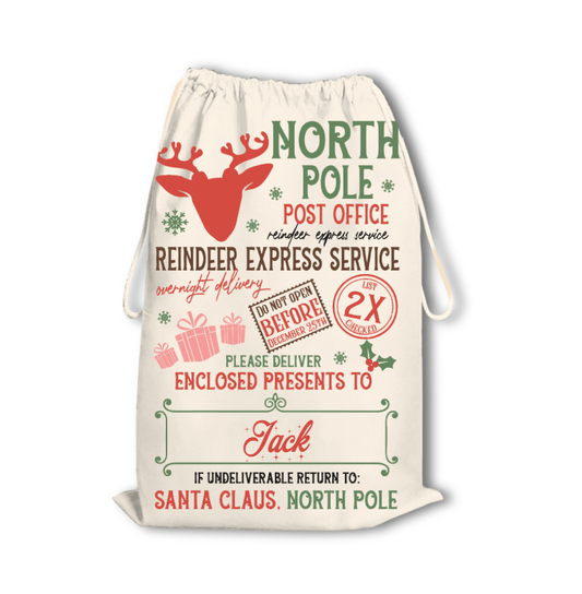 Personalized Santa Gift Bag – Custom Name Christmas Drawstring Sack | Large Capacity | Washable