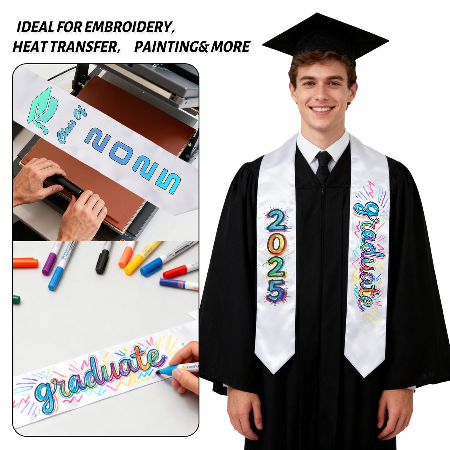 Blank White Graduation Stole 72 Inch x 5.9 Inch for Sublimation - Double Layer 260GSM Satin Graduation Sash for Heat Transfer Vinyl Embroidery - Plain DIY Unisex Adult Honor Stole for Class