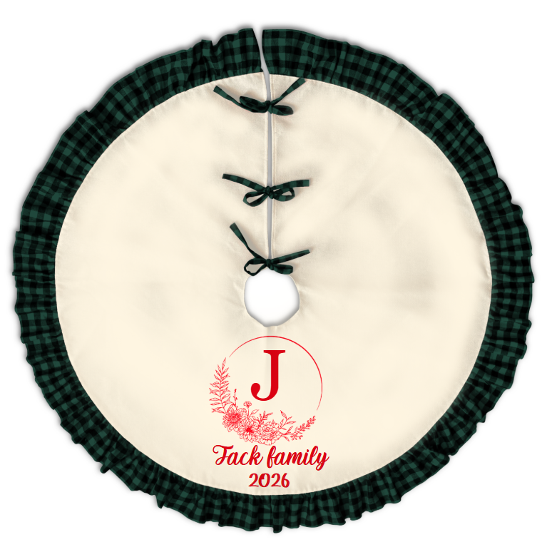 Personalized Name Christmas Tree Skirt with Lace | Linen Print Holiday Decor