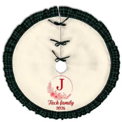 Personalized Name Christmas Tree Skirt with Lace | Linen Print Holiday Decor