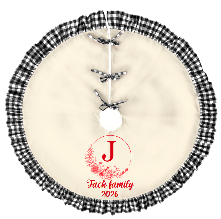 Personalized Name Christmas Tree Skirt with Lace | Linen Print Holiday Decor