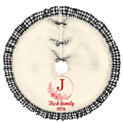 Personalized Name Christmas Tree Skirt with Lace | Linen Print Holiday Decor