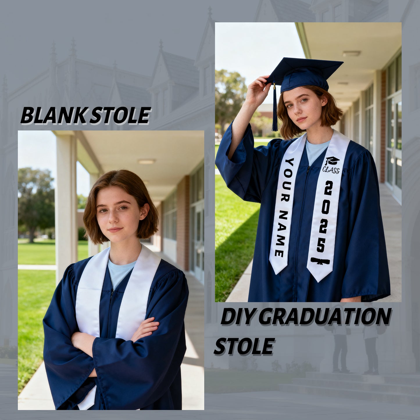 Graduation Stole White 74.8x5.9 inch - Double Layer Thick Satin Blank Sash V-Neck for DIY Heat Transfer Sublimation Custom Printing University College Ceremony