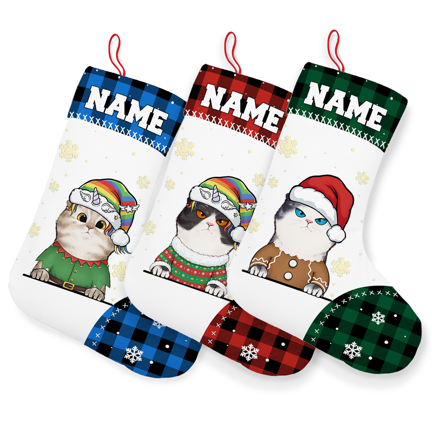 Personalized Pet Christmas Stocking with Custom Name and Dog/Cat Portrait – Blue Plaid Background