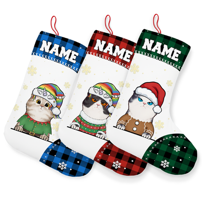 Personalized Pet Christmas Stocking with Custom Name and Dog/Cat Portrait – Blue Plaid Background
