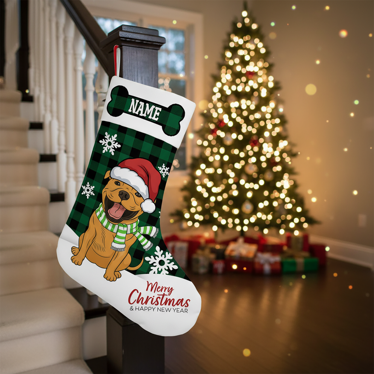 Personalized Pet Christmas Stocking with Custom Name and Dog/Cat Portrait – Blue Plaid Background