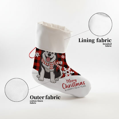 Personalized Pet Christmas Stocking with Custom Name and Dog/Cat Portrait – Blue Plaid Background