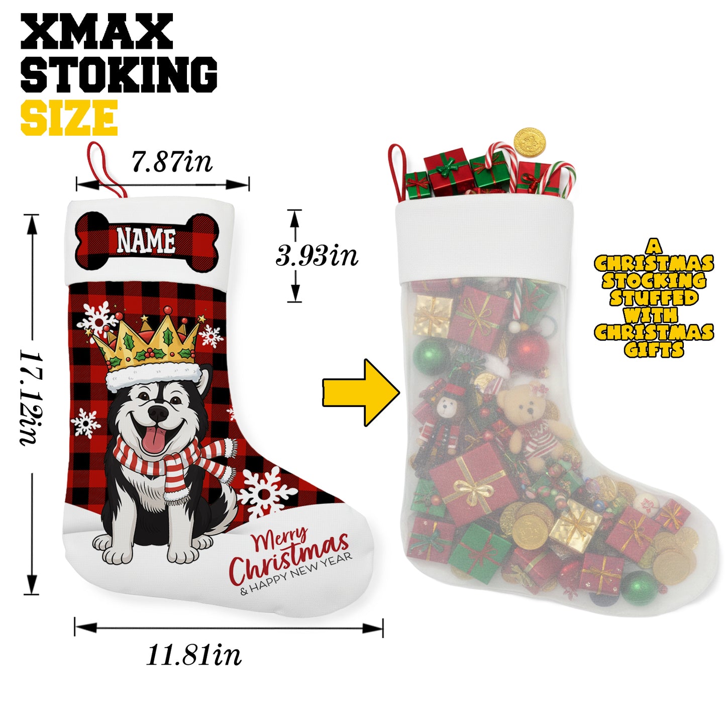 Personalized Pet Christmas Stocking with Custom Name and Dog/Cat Portrait – Blue Plaid Background