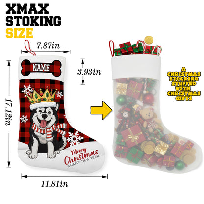 Personalized Pet Christmas Stocking with Custom Name and Dog/Cat Portrait – Blue Plaid Background