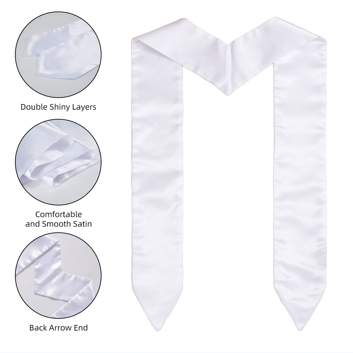 Graduation Stole White 74.8x5.9 inch - Double Layer Thick Satin Blank Sash V-Neck for DIY Heat Transfer Sublimation Custom Printing University College Ceremony