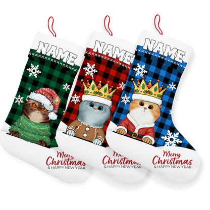 Personalized Pet Christmas Stocking with Custom Name and Dog/Cat Portrait – Blue Plaid Background