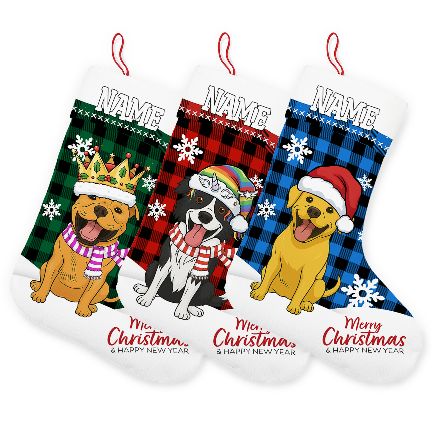 Personalized Pet Christmas Stocking with Custom Name and Dog/Cat Portrait – Blue Plaid Background