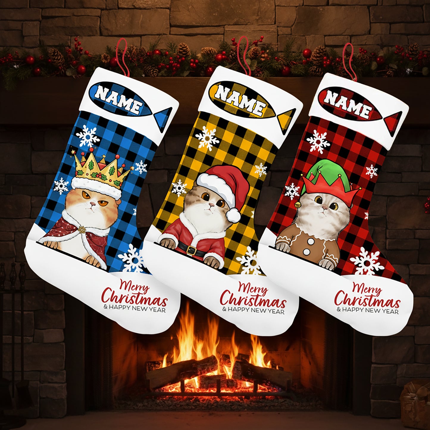 Personalized Pet Christmas Stocking with Custom Name and Dog/Cat Portrait – Blue Plaid Background