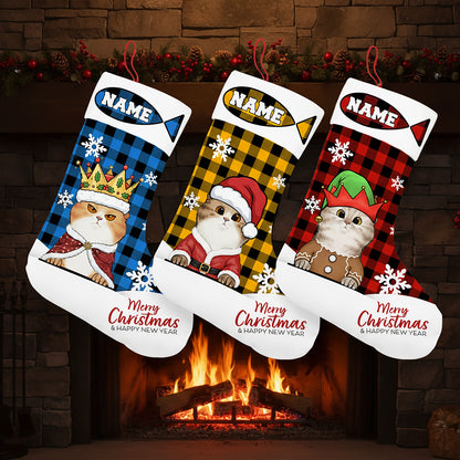 Personalized Pet Christmas Stocking with Custom Name and Dog/Cat Portrait – Blue Plaid Background