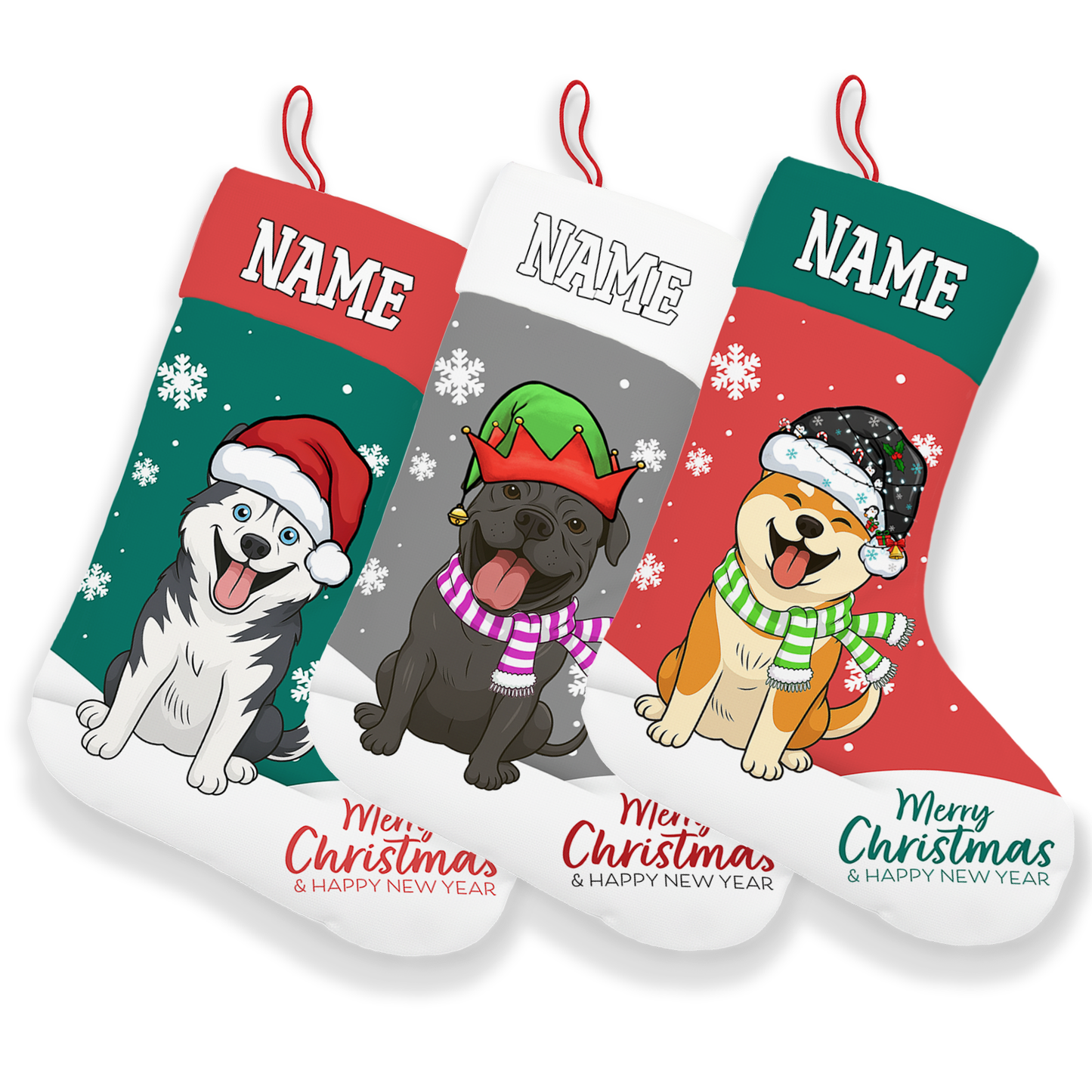 Personalized Pet Christmas Stocking with Custom Name and Dog/Cat Portrait – Blue Plaid Background