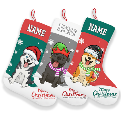 Personalized Pet Christmas Stocking with Custom Name and Dog/Cat Portrait – Blue Plaid Background