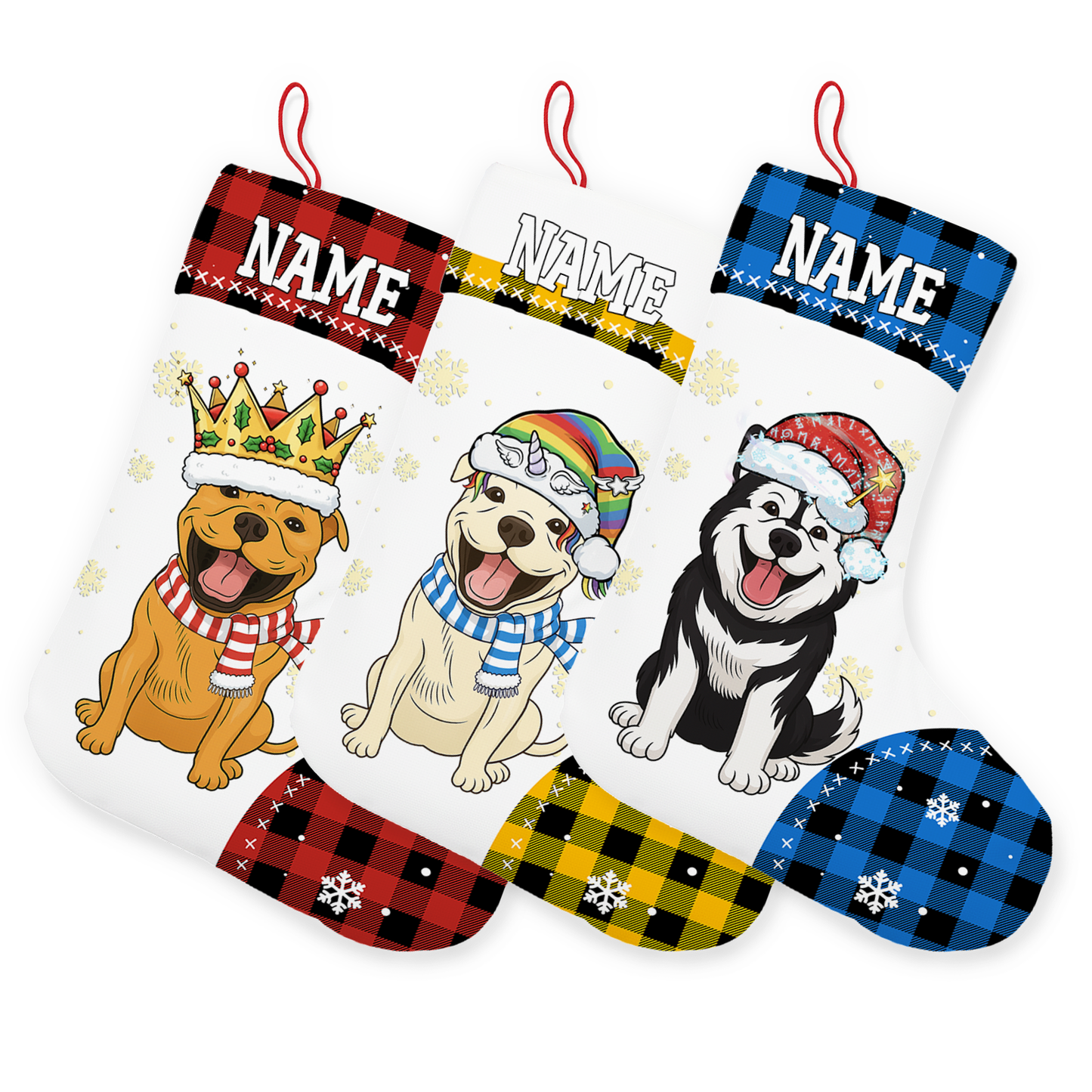 Personalized Pet Christmas Stocking with Custom Name and Dog/Cat Portrait – Blue Plaid Background