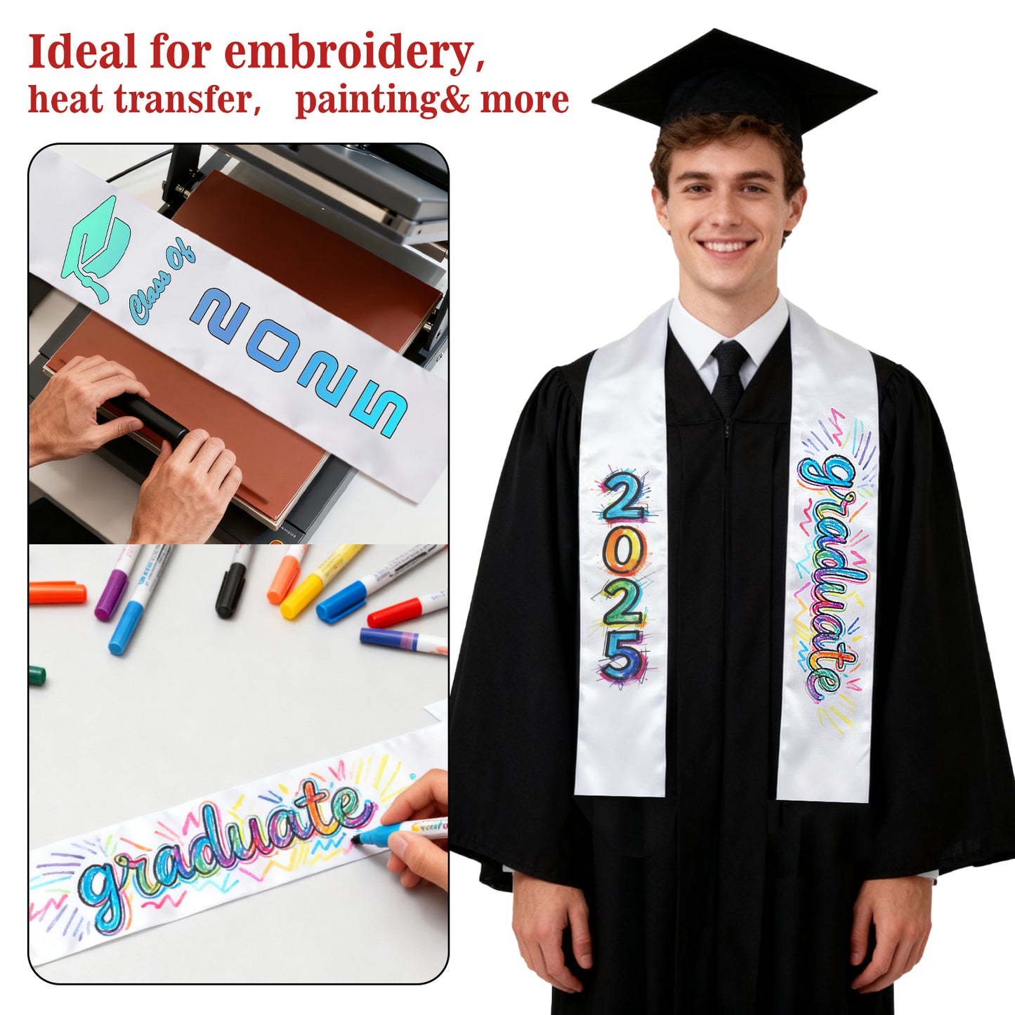 Blank White Graduation Stole 72 Inch for Sublimation - Double Layer Polyester Satin Sash 5.9 Inch Wide for Heat Transfer Vinyl Embroidery - Undecorated Adult Graduation Stole