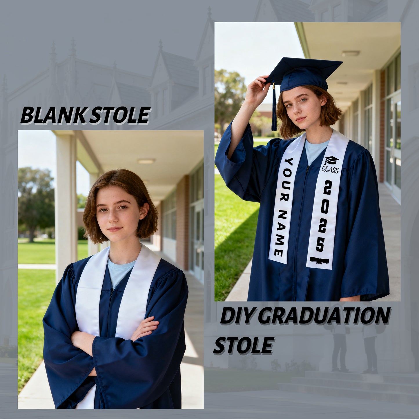 Graduation Stole Blank Sublimation - 260GSM Double Layer Satin 5.9x74.8in White DIY Sash for Heat Transfer Printing Embroidery, Sample Test Stole Class 2025 Ceremony Custom Decoration