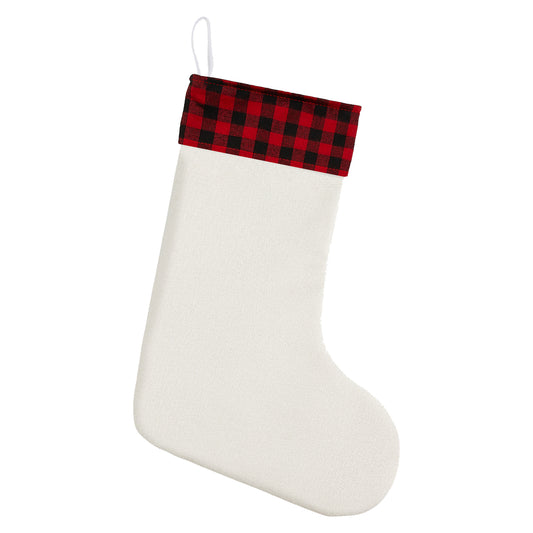 Blank Linen Christmas Stocking with Buffalo Plaid Cuff for DIY Craft - Double Layer Customizable White Base for Embroidery Heat Transfer Sublimation Painting | Farmhouse Holiday Decoration