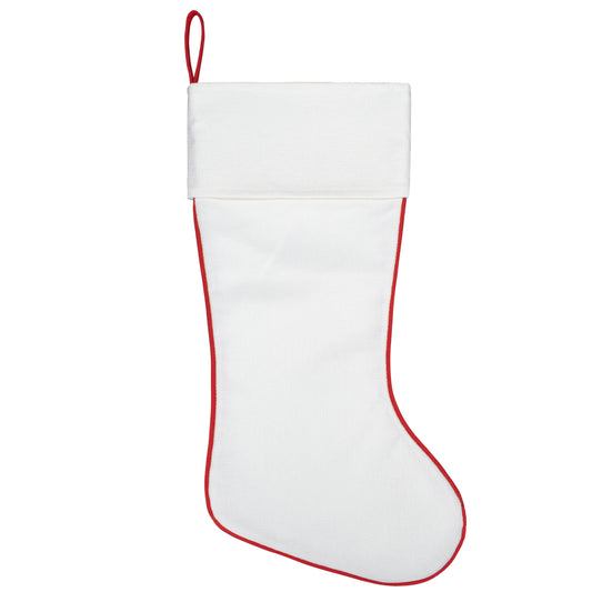Blank Linen Christmas Stocking with Red Trim - 17.7Inch Double Layer DIY Craft White Stocking - Customizable for Embroidery Heat Transfer Sublimation | Farmhouse Holiday Fireplace Decoration