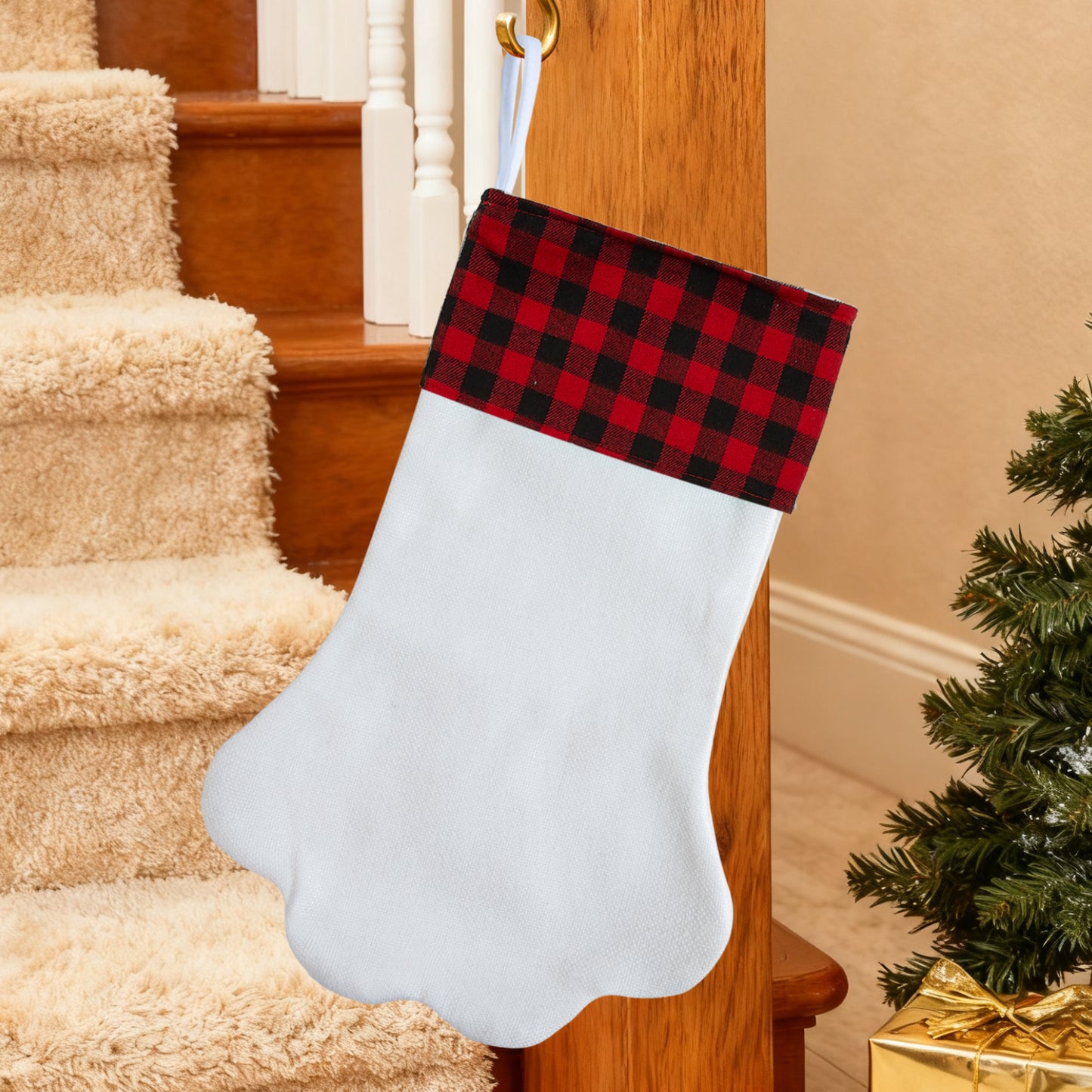 Paw Shaped Christmas Stocking Blank with Buffalo Plaid Cuff - Personalized Pet Stocking for Dog Cat DIY Embroidery Sublimation Heat Transfer | Double Layer Farmhouse Holiday Fireplace Decoration Gift