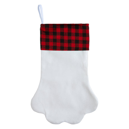Paw Shaped Christmas Stocking Blank with Buffalo Plaid Cuff - Personalized Pet Stocking for Dog Cat DIY Embroidery Sublimation Heat Transfer | Double Layer Farmhouse Holiday Fireplace Decoration Gift