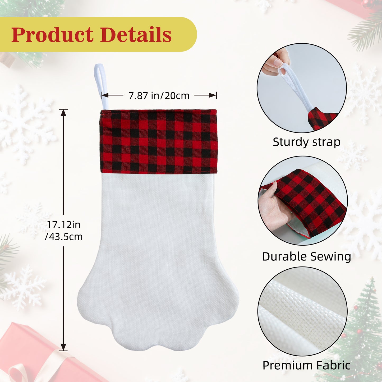 Paw Shaped Christmas Stocking Blank with Buffalo Plaid Cuff - Personalized Pet Stocking for Dog Cat DIY Embroidery Sublimation Heat Transfer | Double Layer Farmhouse Holiday Fireplace Decoration Gift
