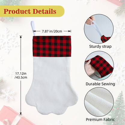 Paw Shaped Christmas Stocking Blank with Buffalo Plaid Cuff - Personalized Pet Stocking for Dog Cat DIY Embroidery Sublimation Heat Transfer | Double Layer Farmhouse Holiday Fireplace Decoration Gift
