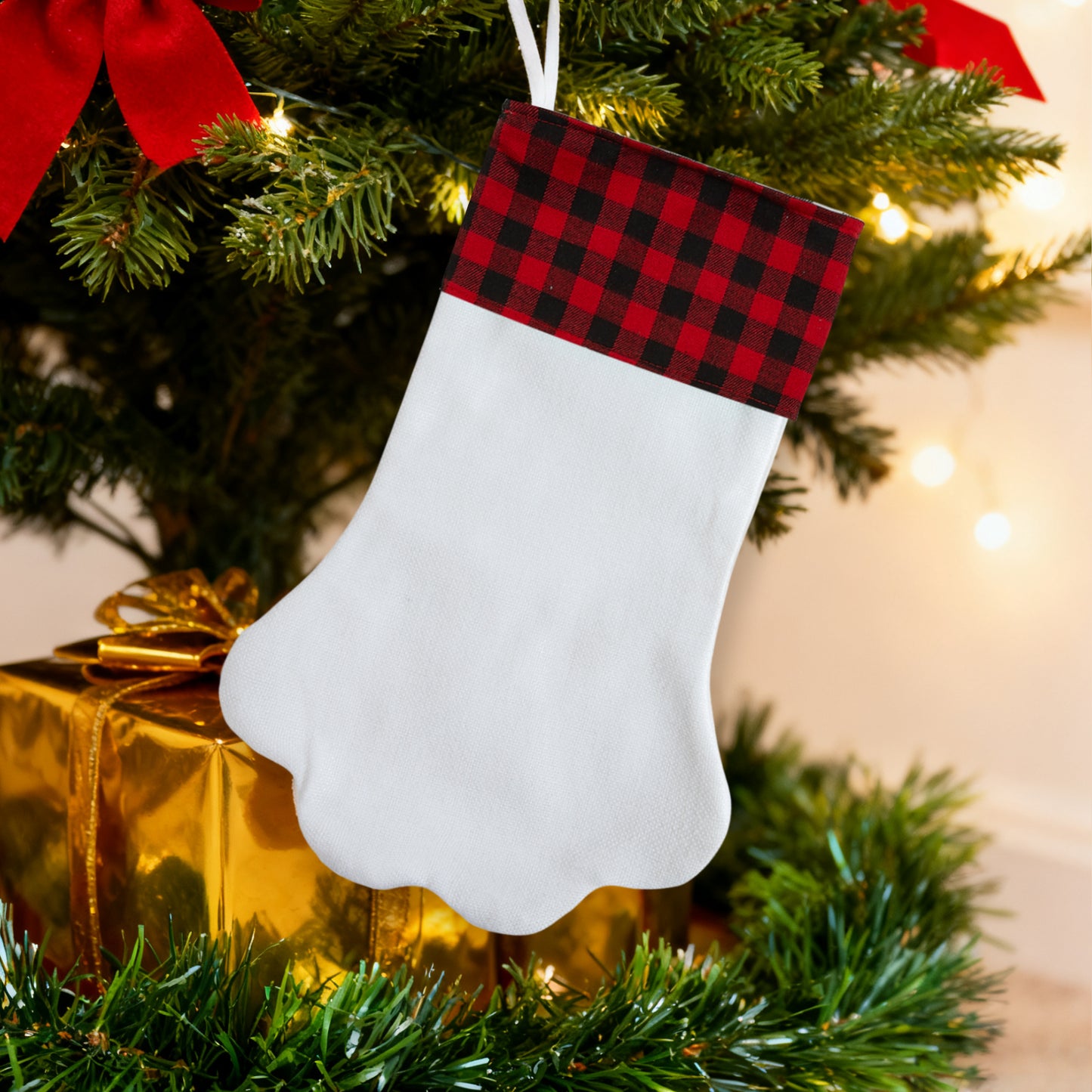Paw Shaped Christmas Stocking Blank with Buffalo Plaid Cuff - Personalized Pet Stocking for Dog Cat DIY Embroidery Sublimation Heat Transfer | Double Layer Farmhouse Holiday Fireplace Decoration Gift